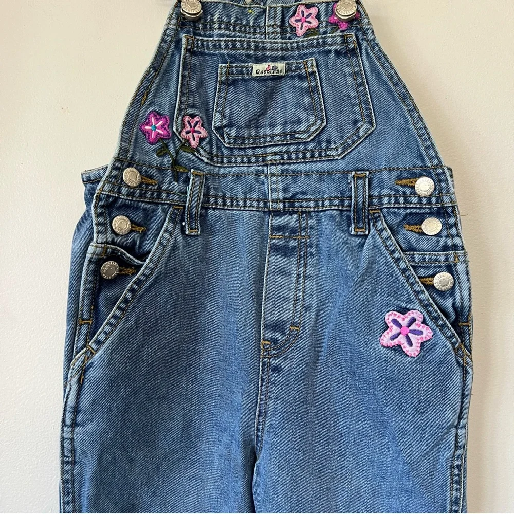 Vintage Y2K Gasoline Girls Bib Overalls Size Large Denim Jeans Flower Power